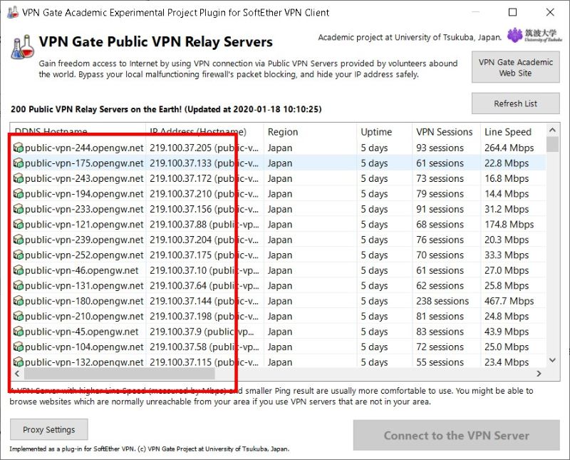 Chọn VPN Gate Public VPN Relay Server