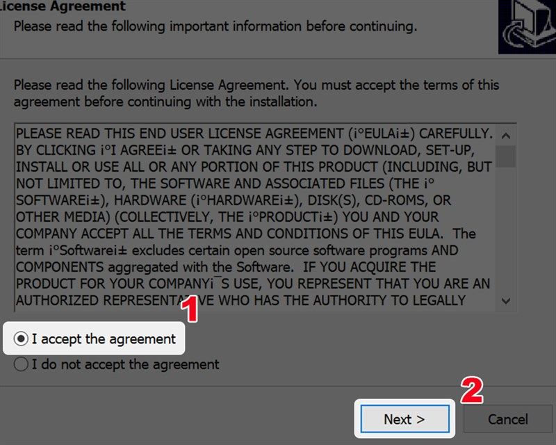 Click vào “I accept the agreement” và chọn next